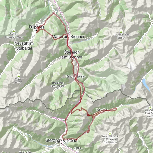 Miniatua del mapa de inspiración ciclista "Ruta de Grava Matrei-Schönberg" en Tirol, Austria. Generado por Tarmacs.app planificador de rutas ciclistas