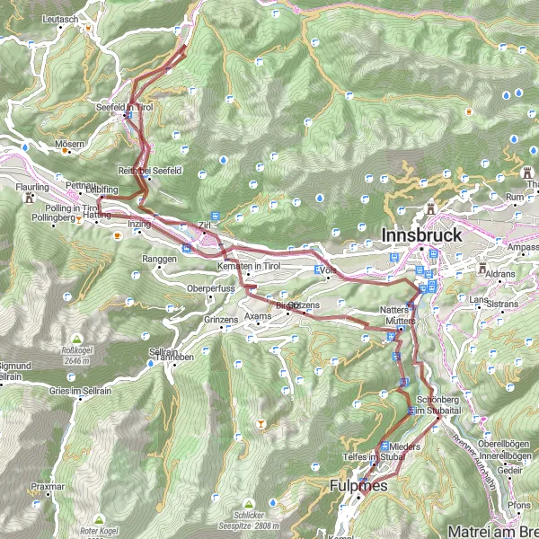 Miniatua del mapa de inspiración ciclista "Ruta de Ciclismo de Grava Götzens-Seefeld in Tirol" en Tirol, Austria. Generado por Tarmacs.app planificador de rutas ciclistas