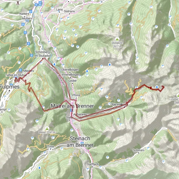 Map miniature of "Gravel Adventure: Brenner Pass" cycling inspiration in Tirol, Austria. Generated by Tarmacs.app cycling route planner