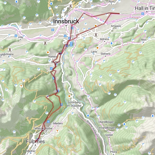 Kartminiatyr av "Telfes im Stubai till Fulpmes grustrutt" cykelinspiration i Tirol, Austria. Genererad av Tarmacs.app cykelruttplanerare