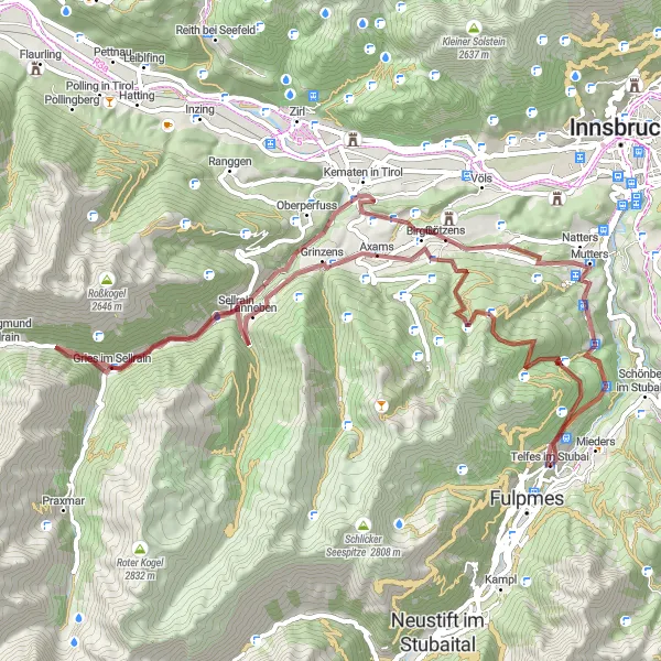 Miniaturní mapa "Gravel Trasa kolem Fulpmes" inspirace pro cyklisty v oblasti Tirol, Austria. Vytvořeno pomocí plánovače tras Tarmacs.app