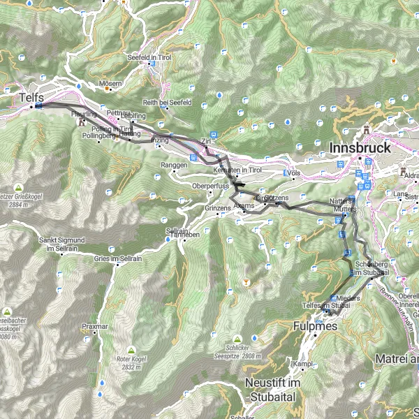 Miniatua del mapa de inspiración ciclista "Ruta de Ciclismo de Carretera Götzens-Telfes im Stubai" en Tirol, Austria. Generado por Tarmacs.app planificador de rutas ciclistas