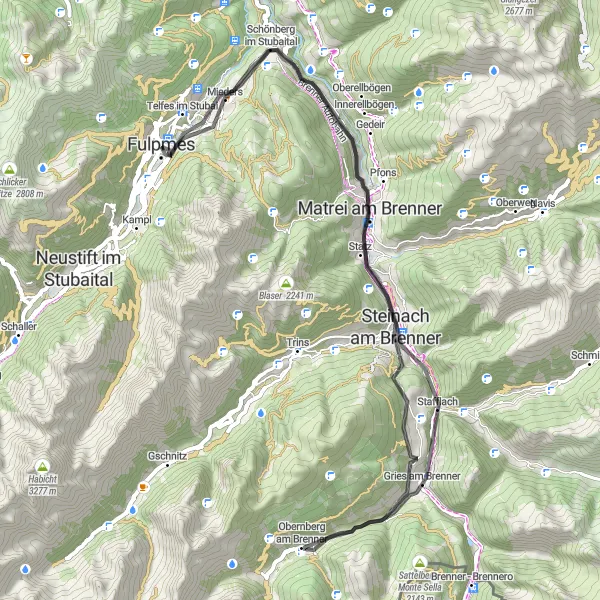 Miniature de la carte de l'inspiration cycliste "Boucle des vallées de Brenner" dans la Tirol, Austria. Générée par le planificateur d'itinéraire cycliste Tarmacs.app