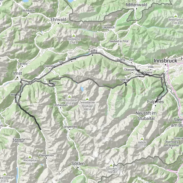 Miniatua del mapa de inspiración ciclista "Ruta de Carretera Telfes-Fulpmes" en Tirol, Austria. Generado por Tarmacs.app planificador de rutas ciclistas