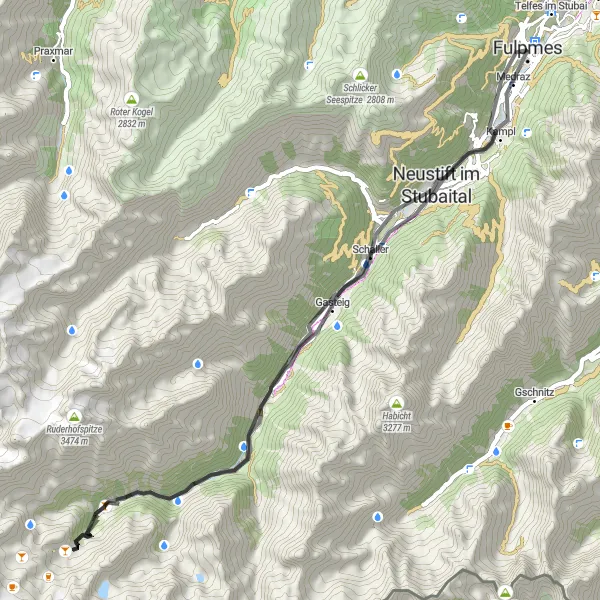 Miniature de la carte de l'inspiration cycliste "Boucle cycliste vers Neustift im Stubaital" dans la Tirol, Austria. Générée par le planificateur d'itinéraire cycliste Tarmacs.app