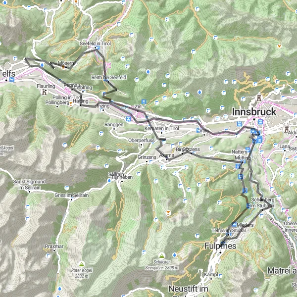 Karten-Miniaturansicht der Radinspiration "Die 95 km lange Straßen-Tour rund um Fulpmes" in Tirol, Austria. Erstellt vom Tarmacs.app-Routenplaner für Radtouren