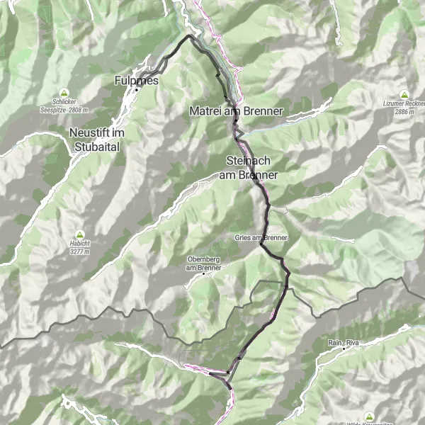 Miniatua del mapa de inspiración ciclista "Ruta de ciclismo de carretera a través de Tirol" en Tirol, Austria. Generado por Tarmacs.app planificador de rutas ciclistas