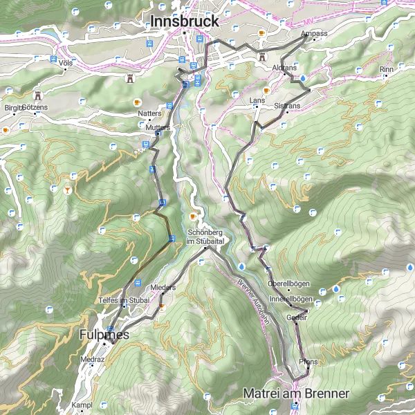 Miniatua del mapa de inspiración ciclista "Ruta de ciclismo de carretera desde Fulpmes" en Tirol, Austria. Generado por Tarmacs.app planificador de rutas ciclistas