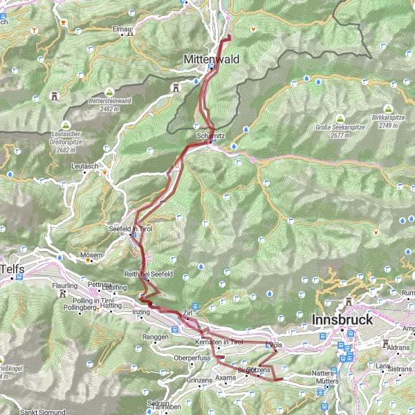 Miniatura della mappa di ispirazione al ciclismo "Mountain Bike Trail da Götzens a Burgruine Vellenberg" nella regione di Tirol, Austria. Generata da Tarmacs.app, pianificatore di rotte ciclistiche