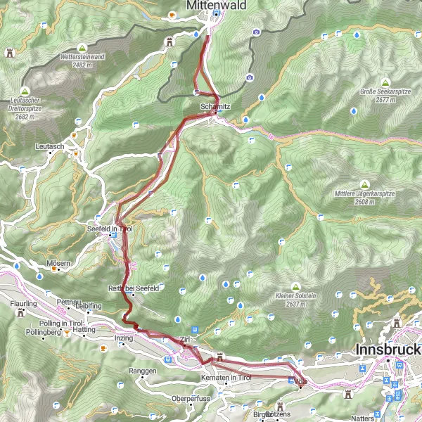 Miniatuurkaart van de fietsinspiratie "Gravel route langs Kematen in Tirol en Scharnitz" in Tirol, Austria. Gemaakt door de Tarmacs.app fietsrouteplanner