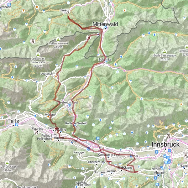 Zemljevid v pomanjšavi "Raznovrstna kolesarska pot z 100 km dolžine" kolesarske inspiracije v Tirol, Austria. Generirano z načrtovalcem kolesarskih poti Tarmacs.app