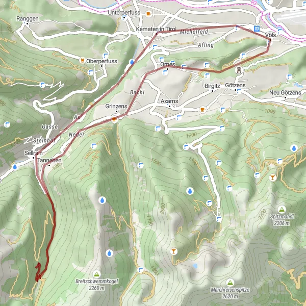 Miniaturní mapa "Gravelový okruh kolem Götzens - Sellrain" inspirace pro cyklisty v oblasti Tirol, Austria. Vytvořeno pomocí plánovače tras Tarmacs.app