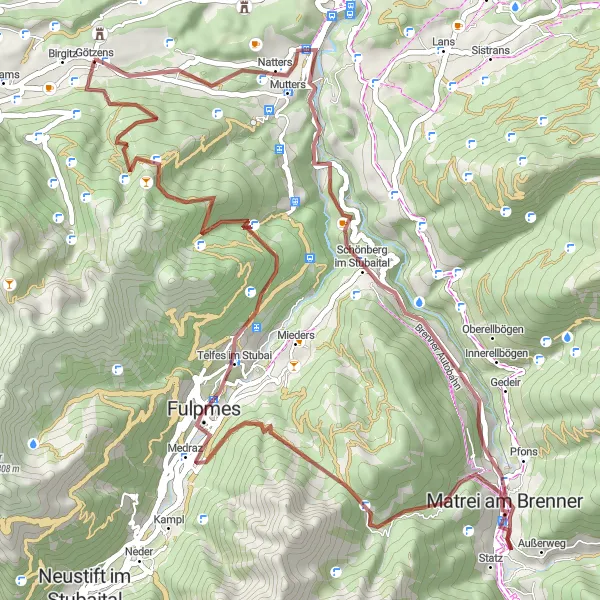 Mapa miniatúra "Gravel trasa Telfes im Stubai" cyklistická inšpirácia v Tirol, Austria. Vygenerované cyklistickým plánovačom trás Tarmacs.app