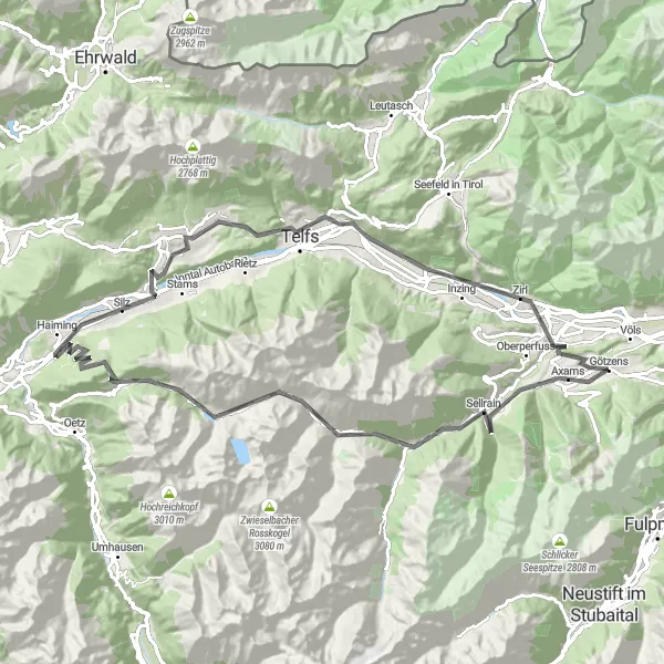 Kartminiatyr av "Götzens - Axams - Innsbrucker Bankl - Sattele - Telfs - Birgitz Landeveissykling" sykkelinspirasjon i Tirol, Austria. Generert av Tarmacs.app sykkelrutoplanlegger