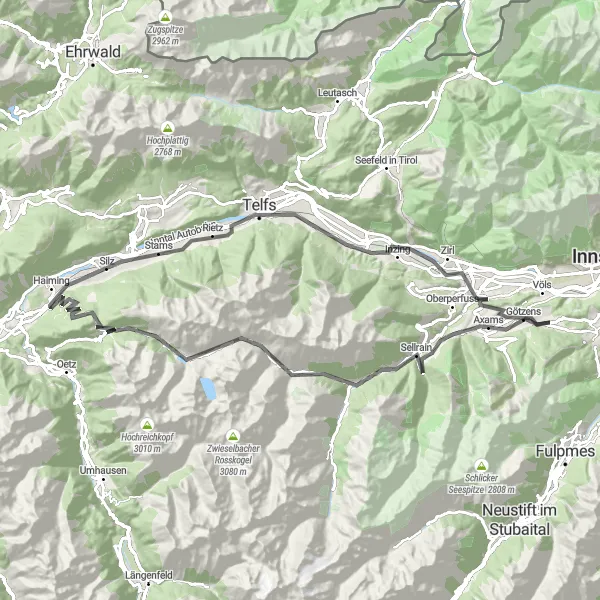 Kartminiatyr av "Götzens - Axams - Innsbrucker Bankl - Sattele - Telfs - Birgitz Landeveissykling" sykkelinspirasjon i Tirol, Austria. Generert av Tarmacs.app sykkelrutoplanlegger