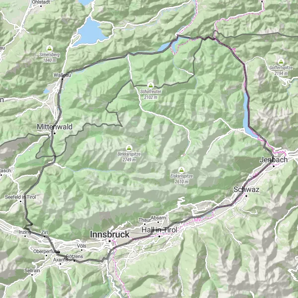 Miniatua del mapa de inspiración ciclista "Gran recorrido de 149 km por Seefelder Sattel y Achensee" en Tirol, Austria. Generado por Tarmacs.app planificador de rutas ciclistas