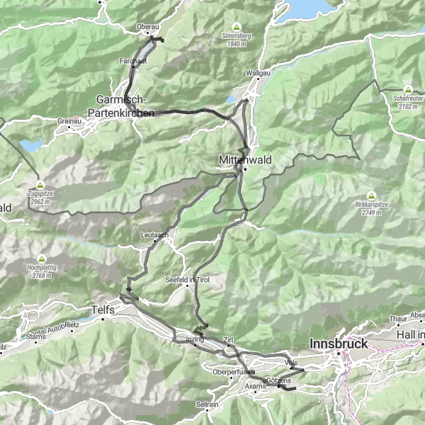 Kartminiatyr av "Landsvägsäventyr till Garmisch-Partenkirchen" cykelinspiration i Tirol, Austria. Genererad av Tarmacs.app cykelruttplanerare