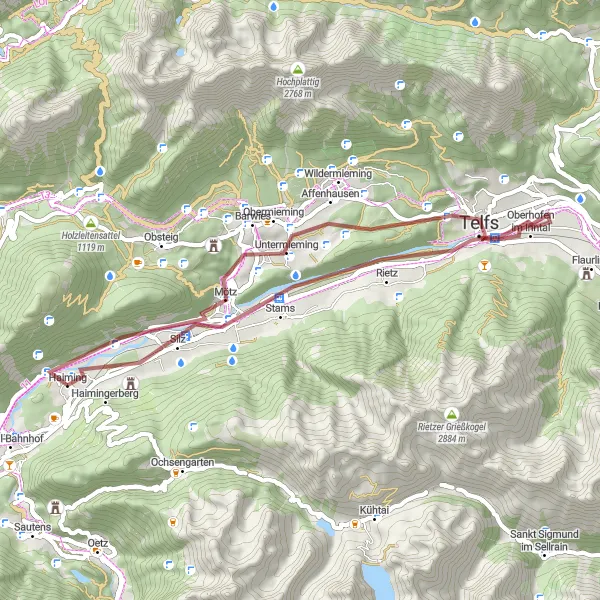 Miniatura della mappa di ispirazione al ciclismo "Tour ciclistico tra le colline di Haiming" nella regione di Tirol, Austria. Generata da Tarmacs.app, pianificatore di rotte ciclistiche