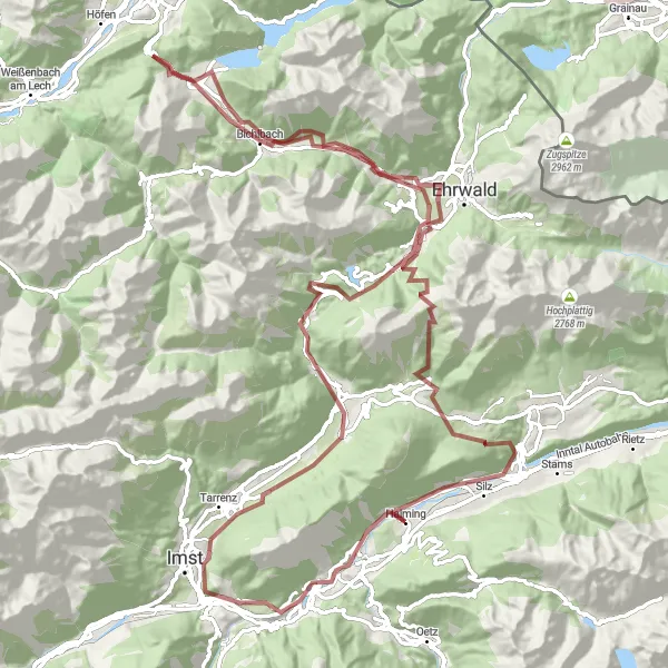 Karten-Miniaturansicht der Radinspiration "Rund um Haiming: Abenteuerliche Gravel-Tour mit atemberaubenden Aussichten" in Tirol, Austria. Erstellt vom Tarmacs.app-Routenplaner für Radtouren