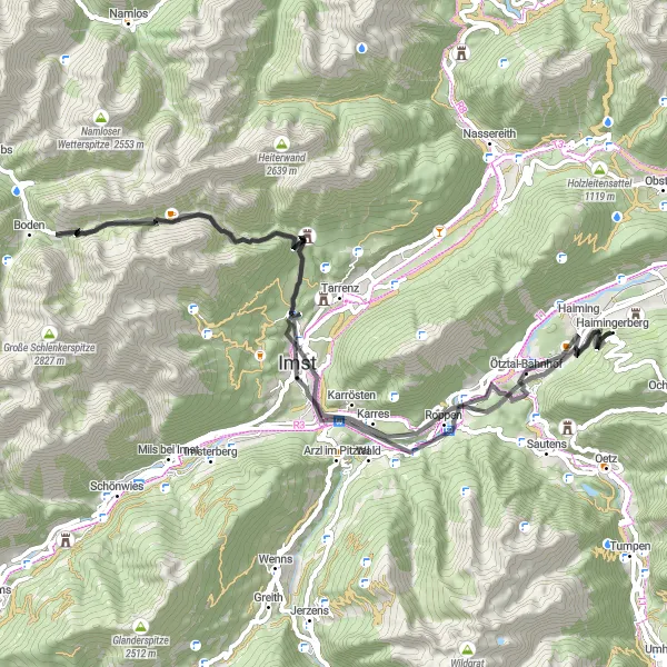 Miniatua del mapa de inspiración ciclista "Ruta de Ciclismo de Carretera por Haiming" en Tirol, Austria. Generado por Tarmacs.app planificador de rutas ciclistas