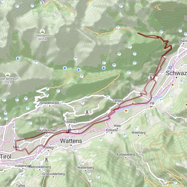 Miniatua del mapa de inspiración ciclista "Recorrido de Grava a Mils" en Tirol, Austria. Generado por Tarmacs.app planificador de rutas ciclistas