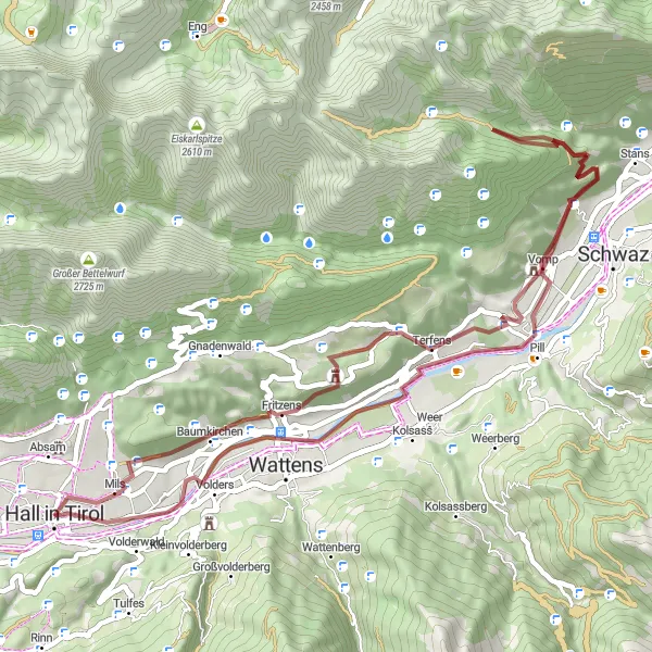 Kartminiatyr av "Spennende Grus Sykkeltur rundt Hall i Tirol" sykkelinspirasjon i Tirol, Austria. Generert av Tarmacs.app sykkelrutoplanlegger