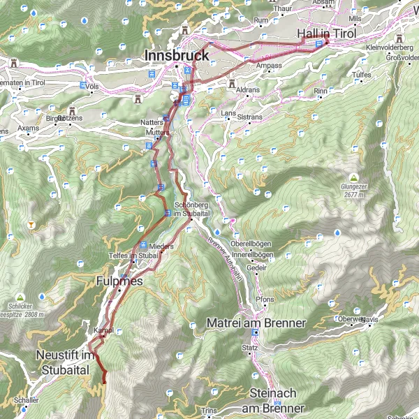 Karttaminiaatyyri "Tiinan kaupunki pyöräilyreitti" pyöräilyinspiraatiosta alueella Tirol, Austria. Luotu Tarmacs.app pyöräilyreittisuunnittelijalla