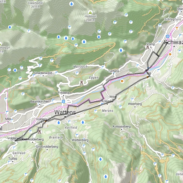 Miniatua del mapa de inspiración ciclista "Ruta de Carretera Volders-Wattens" en Tirol, Austria. Generado por Tarmacs.app planificador de rutas ciclistas