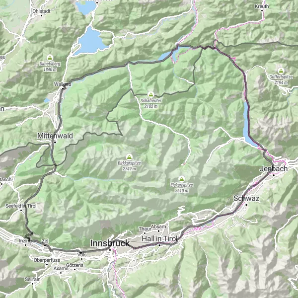 Miniature de la carte de l'inspiration cycliste "Tour des Lacs Tyroliens" dans la Tirol, Austria. Générée par le planificateur d'itinéraire cycliste Tarmacs.app