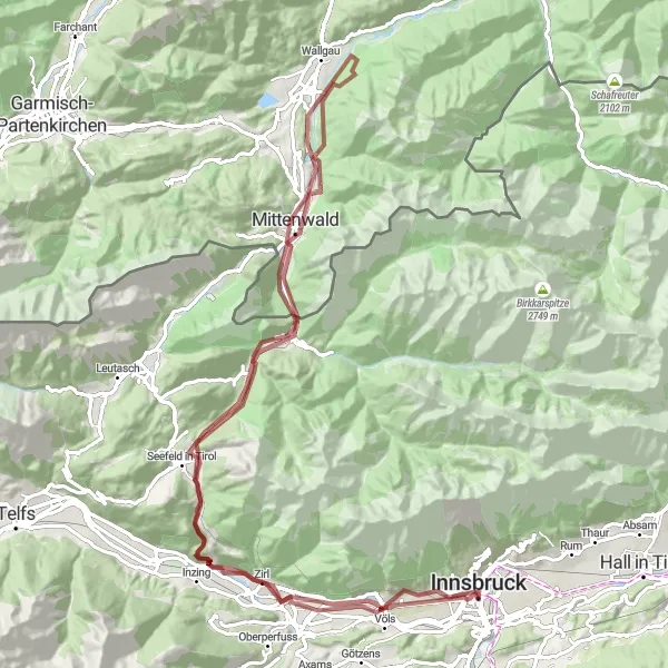 Miniatua del mapa de inspiración ciclista "Aventura en grava a Innsbruck y Seefeld in Tirol" en Tirol, Austria. Generado por Tarmacs.app planificador de rutas ciclistas