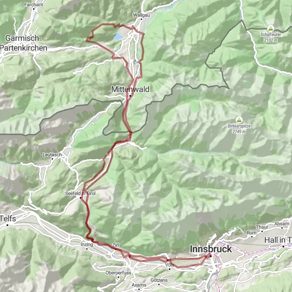 Kartminiatyr av "Lang tur til Zirler Berg og Mittenwald på grus" sykkelinspirasjon i Tirol, Austria. Generert av Tarmacs.app sykkelrutoplanlegger
