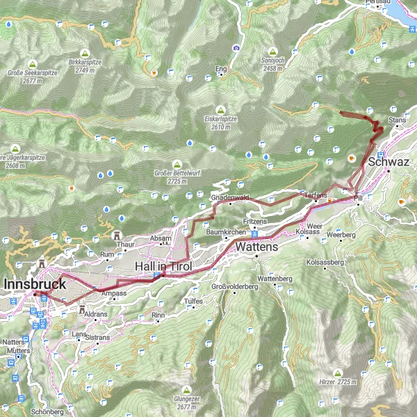 Miniature de la carte de l'inspiration cycliste "Circuit gravel des châteaux tyroliens" dans la Tirol, Austria. Générée par le planificateur d'itinéraire cycliste Tarmacs.app