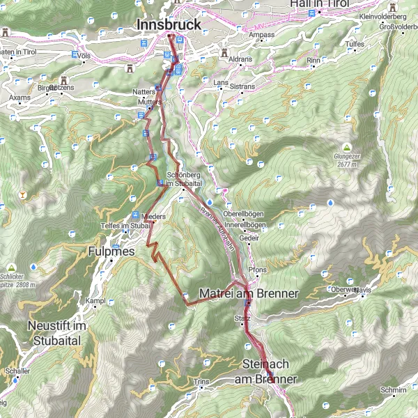 Kartminiatyr av "Utforsking av Matrei am Brenner og St. Anne's Column på grus" sykkelinspirasjon i Tirol, Austria. Generert av Tarmacs.app sykkelrutoplanlegger