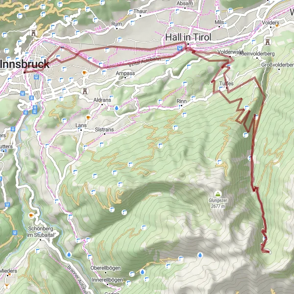 Kartminiatyr av "Grusväg till Rum via Tulfes och Kugelwald" cykelinspiration i Tirol, Austria. Genererad av Tarmacs.app cykelruttplanerare
