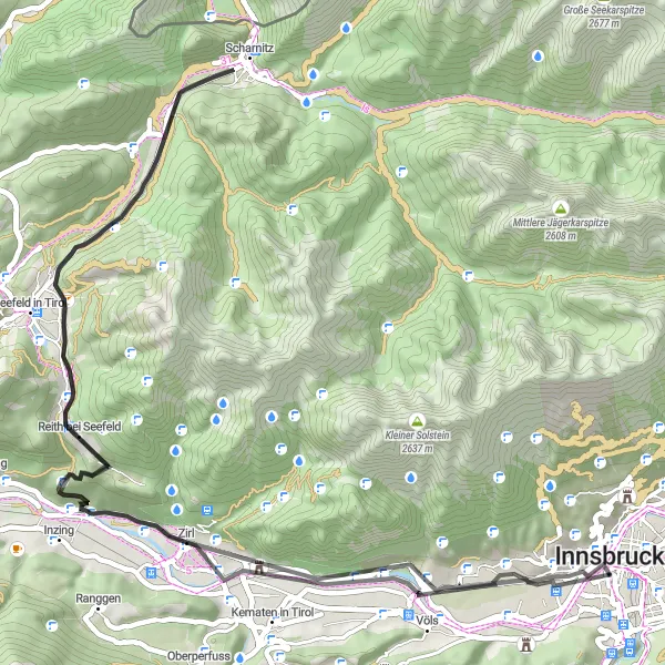 Karttaminiaatyyri "Maantiekierros Golden Roofilta Besucherterasselle ja takaisin" pyöräilyinspiraatiosta alueella Tirol, Austria. Luotu Tarmacs.app pyöräilyreittisuunnittelijalla