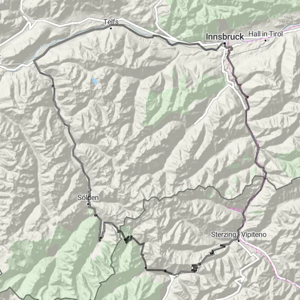 Miniature de la carte de l'inspiration cycliste "Tour des Alpes Autrichiennes Route" dans la Tirol, Austria. Générée par le planificateur d'itinéraire cycliste Tarmacs.app