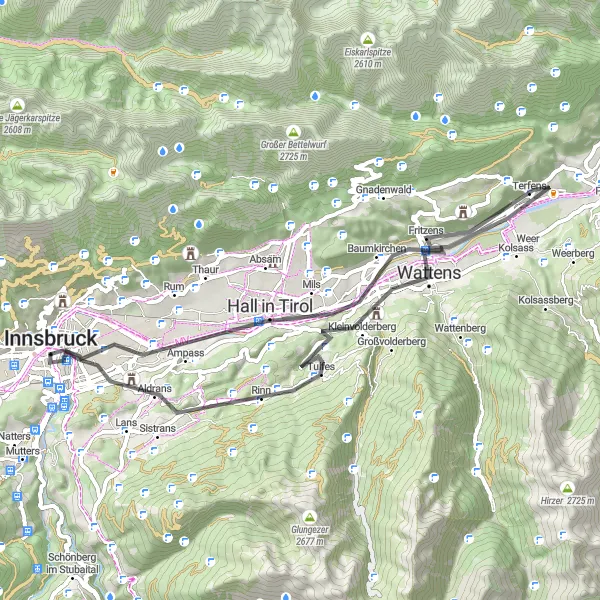 Map miniature of "Scenic Loop" cycling inspiration in Tirol, Austria. Generated by Tarmacs.app cycling route planner