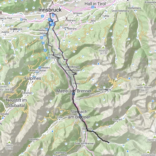 Karttaminiaatyyri "Maantiekierros Muttersista Bergiselille ja takaisin" pyöräilyinspiraatiosta alueella Tirol, Austria. Luotu Tarmacs.app pyöräilyreittisuunnittelijalla