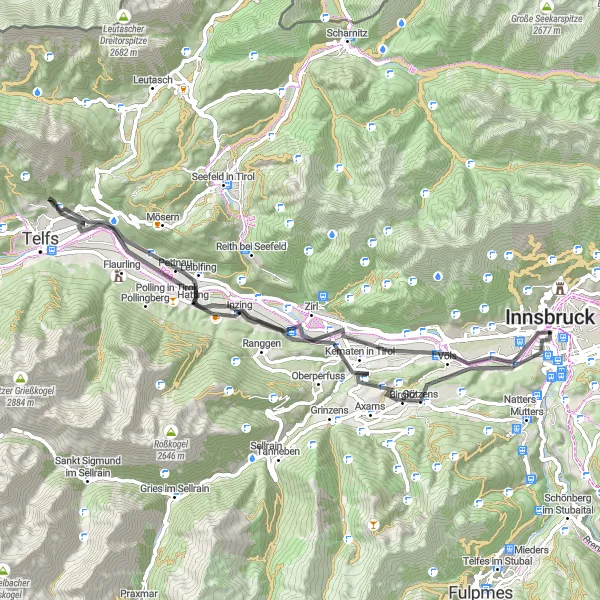 Miniature de la carte de l'inspiration cycliste "Tour de la vallée de l'Inn" dans la Tirol, Austria. Générée par le planificateur d'itinéraire cycliste Tarmacs.app