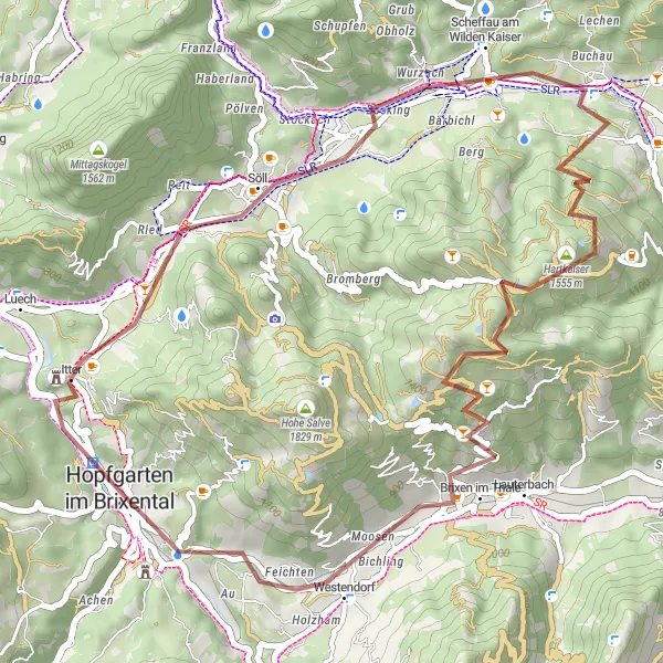 Karttaminiaatyyri "Hopfgarten im Brixental - Scheffau am Wilden Kaiser - Hartkaiser - Hopfgarten im Brixental" pyöräilyinspiraatiosta alueella Tirol, Austria. Luotu Tarmacs.app pyöräilyreittisuunnittelijalla