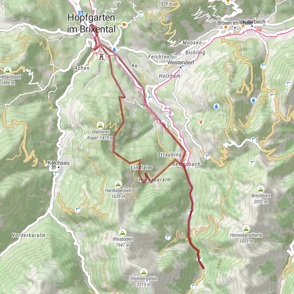 Zemljevid v pomanjšavi "Gravel route to Engelsberg" kolesarske inspiracije v Tirol, Austria. Generirano z načrtovalcem kolesarskih poti Tarmacs.app