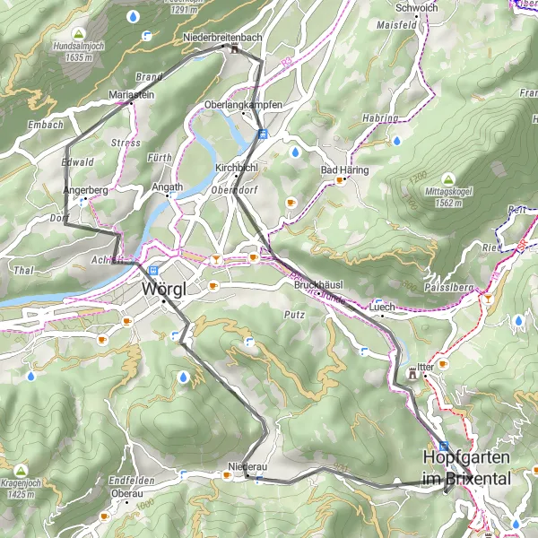 Karttaminiaatyyri "Hopfgarten - Eisstein - Bruckhäusl Loop" pyöräilyinspiraatiosta alueella Tirol, Austria. Luotu Tarmacs.app pyöräilyreittisuunnittelijalla