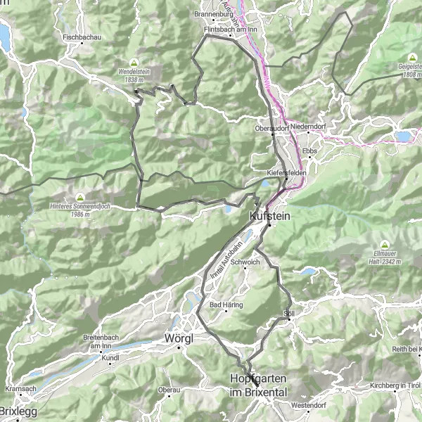 Map miniature of "Hopfgarten - Flintsbach epic road cycling route" cycling inspiration in Tirol, Austria. Generated by Tarmacs.app cycling route planner