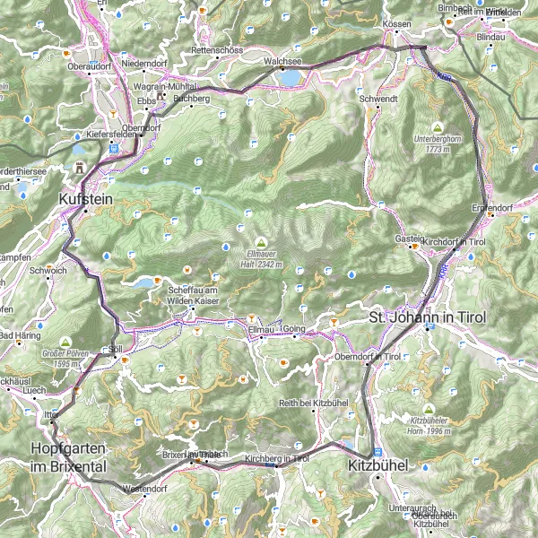 Karttaminiaatyyri "Hopfgarten im Brixental - Walchsee - Kitzbühel - Hopfgarten im Brixental" pyöräilyinspiraatiosta alueella Tirol, Austria. Luotu Tarmacs.app pyöräilyreittisuunnittelijalla