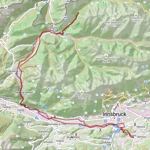 Miniatura della mappa di ispirazione al ciclismo "Gravel Bike Route - Panoramic Tour of Tirol" nella regione di Tirol, Austria. Generata da Tarmacs.app, pianificatore di rotte ciclistiche