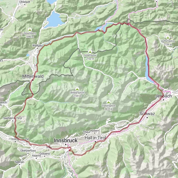 Miniaturekort af cykelinspirationen "Bergisel til Sistrans Grusvejstur" i Tirol, Austria. Genereret af Tarmacs.app cykelruteplanlægger