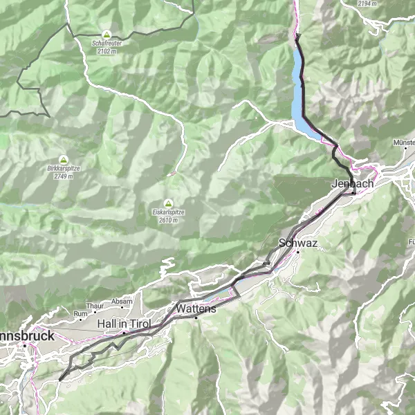 Miniaturní mapa "Alpenhorn cesta" inspirace pro cyklisty v oblasti Tirol, Austria. Vytvořeno pomocí plánovače tras Tarmacs.app