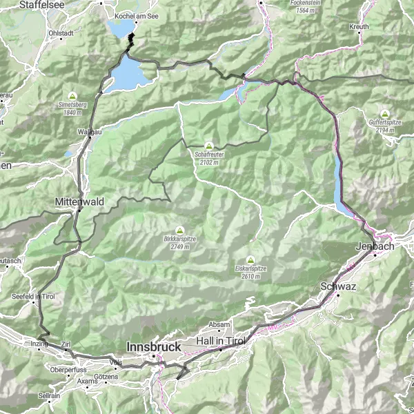 Miniaturní mapa "Z Tyrolska přes Bergisel a Seefeld do Jachenau" inspirace pro cyklisty v oblasti Tirol, Austria. Vytvořeno pomocí plánovače tras Tarmacs.app