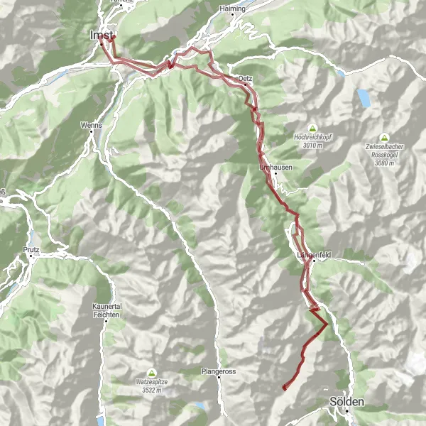 Kartminiatyr av "Spenning og Naturopplevelser" sykkelinspirasjon i Tirol, Austria. Generert av Tarmacs.app sykkelrutoplanlegger