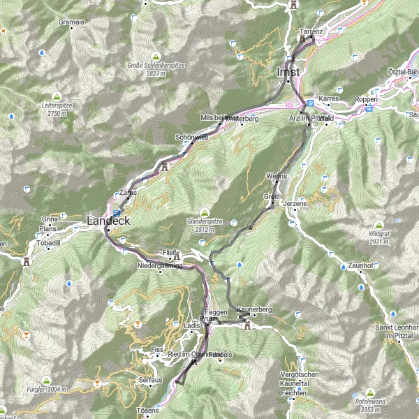 Map miniature of "Road Route from Imst" cycling inspiration in Tirol, Austria. Generated by Tarmacs.app cycling route planner